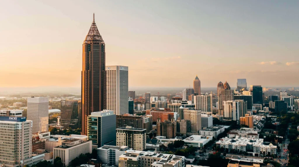 Aerial view of Atlanta skyline showcasing VOY's city travel services.