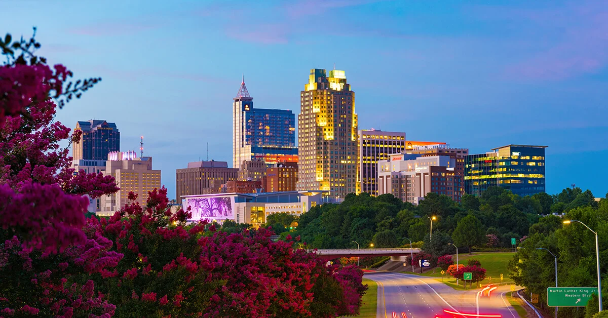 Twilight drive towards a vibrant cityscape with lush green surroundings.